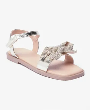 Celeste - Girls' Embellished Bow Sandals with Hook and Loop Closure - Gold