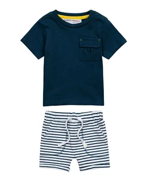 Minoti 2Pc Slub T-Shirt & Stripe Fleece Short Set-Navy