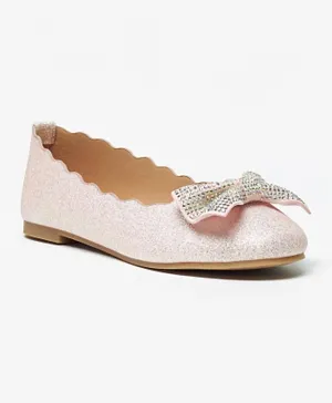 Celeste - Girls' Glitter Textured Ballerina Shoes with Embellished Bow Applique - Pink