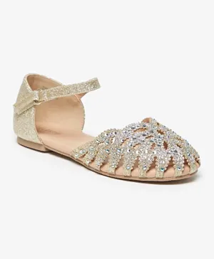 Celeste Girls' Stone Embellished Sandals with Hook and Loop Closure - Gold