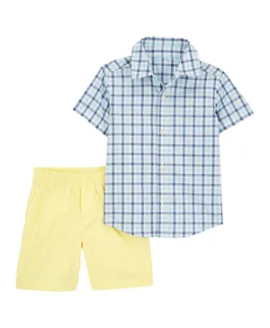 كارترز - طقم من قطعتين قميص منقوش بأزرار سفلية وشورت - أزرق وأصفر