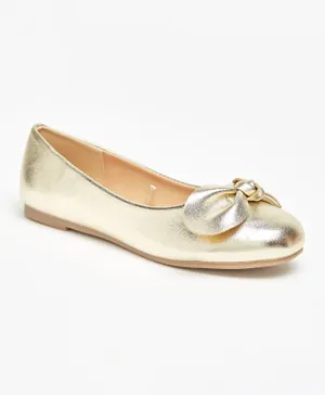 Little Missy - Slip-On Round Toe Ballerina Shoes with Bow Accent - Gold