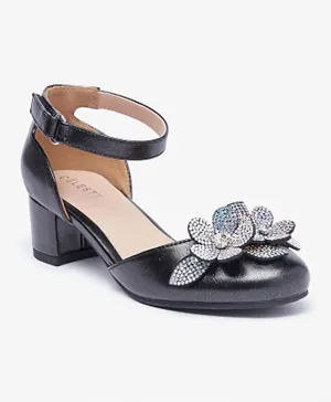 Celeste Girls' Embellished Ankle Strap Ballerinas with Block Heels - Black