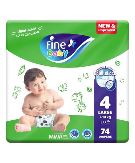 Fine Baby Diapers with Double Lock Leak Barriers Large Size 4 - 74 Pieces