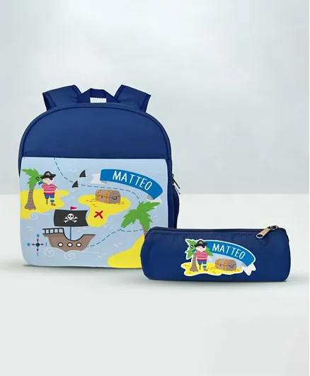 Essmak Personalized Backpack and Pencil Pouch Set Pirate Blue - 11 Inches
