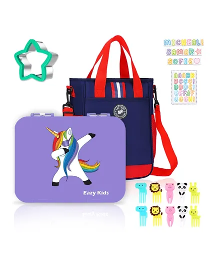 Eazy Kids - Unicorn Purple 6 Compartment Bento Lunch Box w/ Lunch Bag - Blue