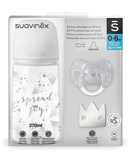 Suavinex - Bottle 270ml w/ Soother 0-6 M & Clip Joy Set - Grey