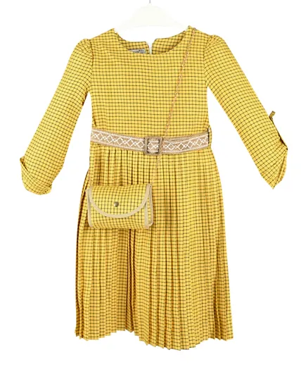 Finelook - Girl Printed Checked Dress with Bag - Yellow