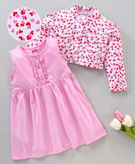 Babyhug Full Sleeves Frock With Jacket Heart Print - Pink
