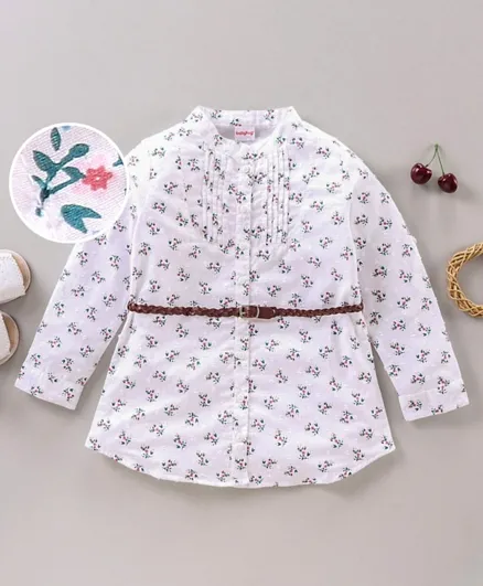 Babyhug Full Sleeves Frock with Belt Floral Print - White