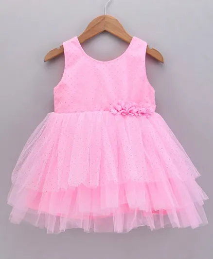 بيبي هاغ فستان حفلات بدون أكمام بتصميم منفوش وتفاصيل كورساج ونقاط براقة - وردي