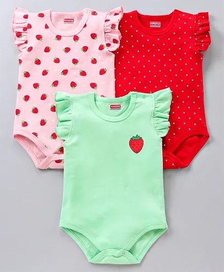 Babyhug 100% Cotton Short Sleeves Onesies Strawberry Print Pack of 3 - Pink Red Green