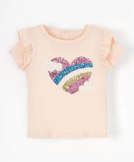 Babyhug - Top with Graphics & Frill Detailing Heart Sequins - Peach