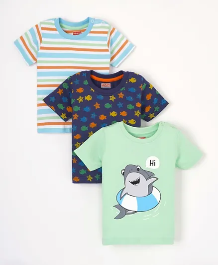 Babyhug Short Sleeves Cotton Fish Print & Striped T-Shirt Pack Of 3 - Blue & Green