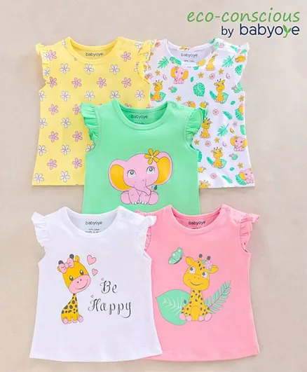 Babyoye Cotton Short Sleeves Tops Pack Of 5 Floral Print - Multicolor