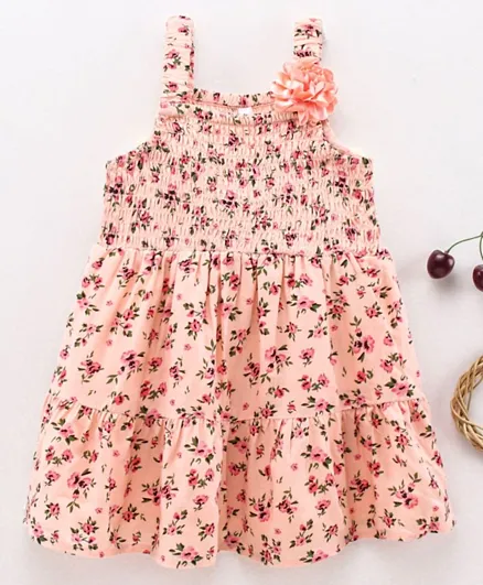 Babyhug Sleeveless 100% Rayon Frock With Flower Applique Floral Print - Pink