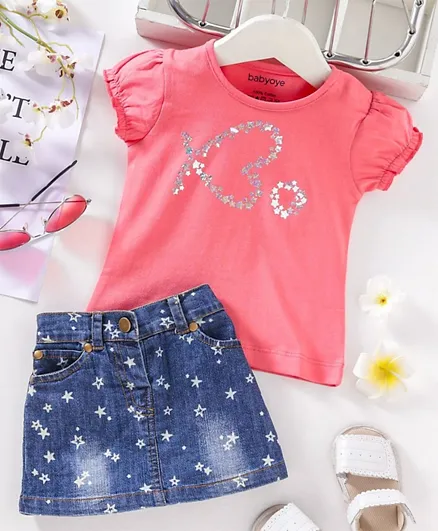 Babyoye Puffed Sleeves Top & Denim Skirt Set Glitter Heart & Stars Print - Pink Blue