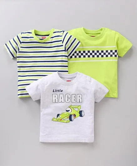 Babyhug Half Sleeves Cotton Striped and Racer Printed T-shirts Pack of 3 - Green