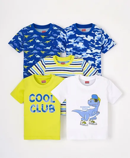 Babyhug Half Sleeves Cotton Dino Printed and Striped T-shirts Pack of 5 - Blue Green