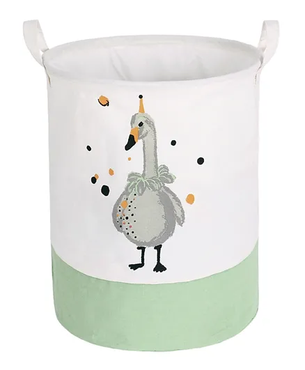 Duck Printed Foldable Laundry Basket With Drawstrings - White