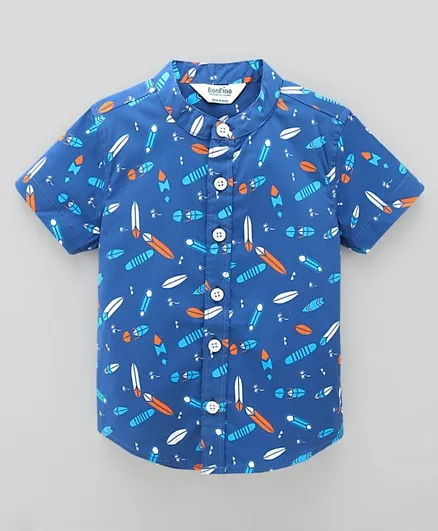 قميص قطني بأكمام نصفية من بونفينو بطبعة لوح التزلج - أزرق