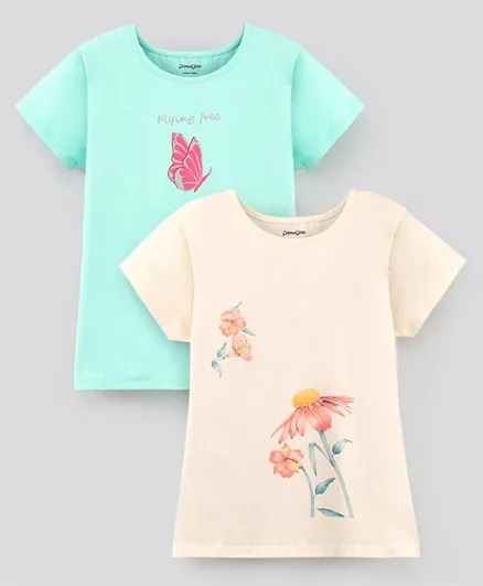 بريمو جينو قميص نصف كم قطني بطباعة زهور وطباعة براقة - مجموعة من قطعتين باللون الخوخي والأخضر