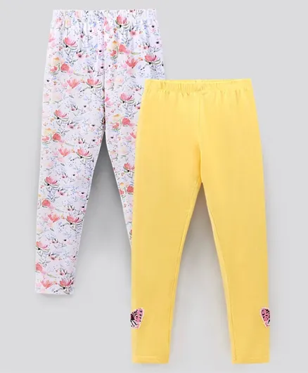 Primo Gino Ankle Length Leggings Reversible Butterfly Sequins & All Over Floral Print Pack of 2 - White Light Yellow