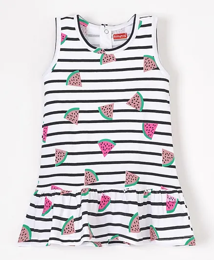 Babyhug 100% Cotton Sleeveless Striped Frock Watermelon Print - Multicolor