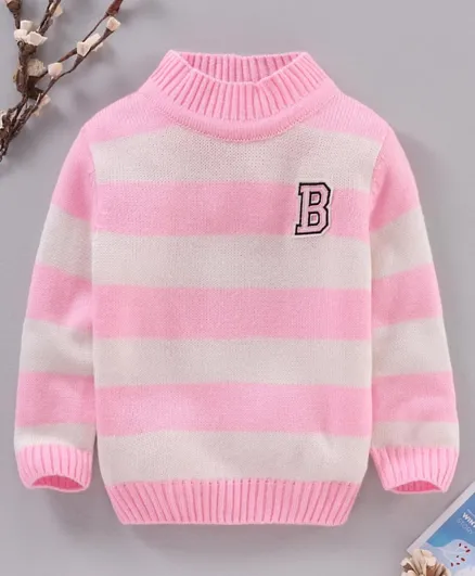Babyhug Full Sleeves Knit Sweater With Stripes Design & Letter Embroidery- Pink
