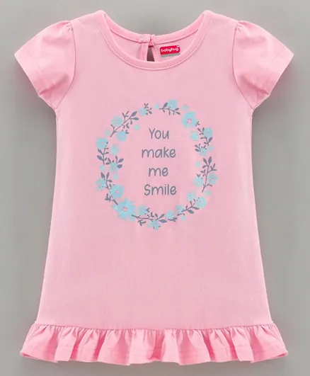 Babyhug Cap Sleeves Cotton Mid Thigh Length Nighty Text Print- Pink