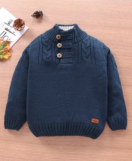 Babyhug Full Sleeves Cable Knit Henley Sweater- Blue