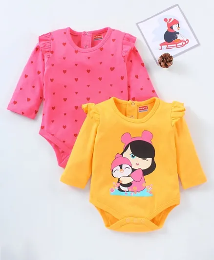Babyhug 100% Cotton Full Sleeves Printed Onesie Pack of 2 - Pink Yellow