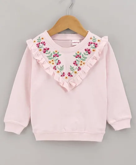 Babyhug Full Sleeves Sweatshirt with Embroidery & Frill Detailing - Pink