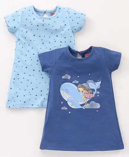 Babyhug Half Sleeves Nighty Star & Whale Print Pack of 2 - Blue
