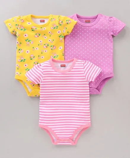 Babyhug 100% Cotton Onesie Printed Pack of 3 - Pink Yellow