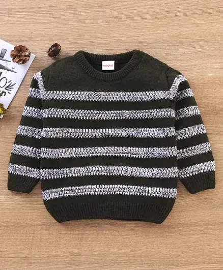 Babyhug Full Sleeves Striped Knit Pullover Sweater - Olive Green