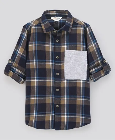 قميص بريمو جينو بأكمام طويلة من القطن بنقشة مربعات وجيب بقعة - أزرق