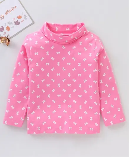 Babyhug Cotton Knit Full Sleeves T-Shirt All Over Bow Printed - Pink