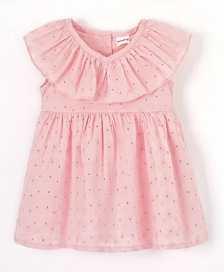 Babyhug 100% Cotton Sleeveless Frock With Bloomer Floral Embroidery- Pink