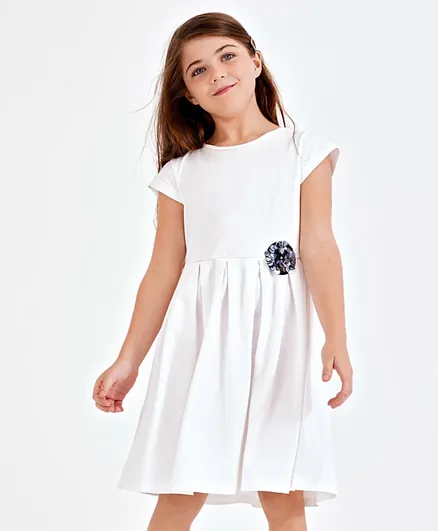 Primo Gino Cap Sleeves Dress with 3D Sequins Flower Badge - White