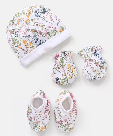 Bonfino Cotton Cap Mittens & Booties Set Floral Print Ivory - Diameter 13 cm