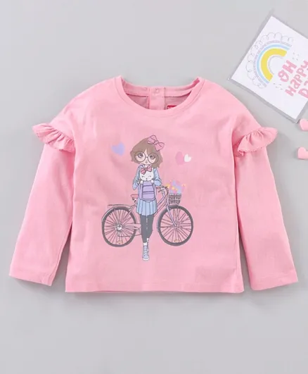 Babyhug Full Sleeves Tee with Graphics & Frill Detailing - Pink