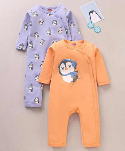 Babyhug 100% Cotton Knit Full Sleeves Penguin Printed Romper Pack of 2 - Multicolour