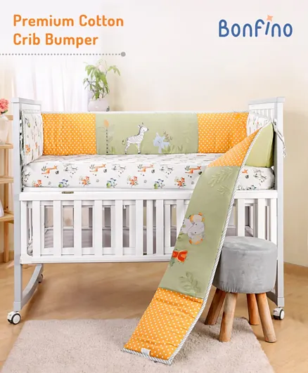 Bonfino Premium 100% Organic Cotton Crib Bumper African Jungle Safari Print - Orange & Olive Green
