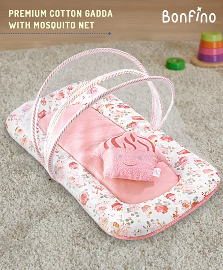 Bonfino Premium Organic Cotton Mattress Set with Cupcake Shaped Pillow and Mosquito Net - Pink