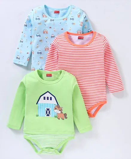 Babyhug 100% Cotton Full Sleeves Onesies Stripes & House Print Pack of 3- Multicolor