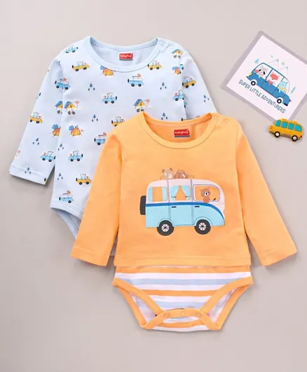 Babyhug 100% Cotton Knit Full Sleeves Cars & Bus Printed Onesies Pack Of 2 - Multicolour