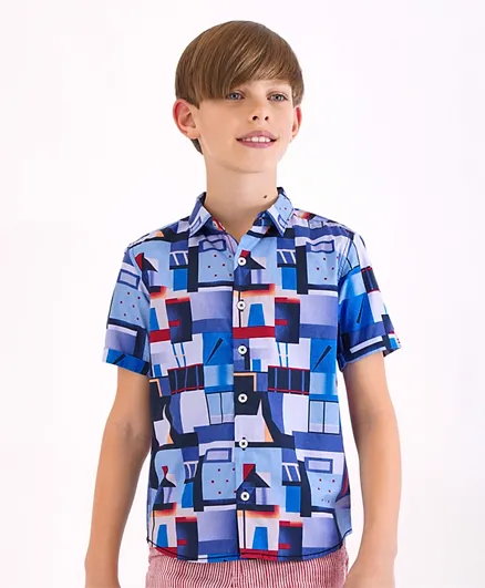 بريمو جينو قميص مطبوع بأكمام نصفية من القطن الخالص - أزرق داكن