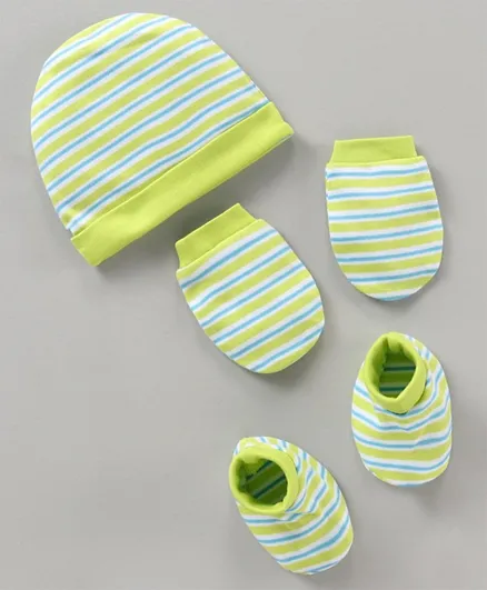 Babyhug 100% Cotton Cap Mittens & Booties Striped Green - Cap Diameter 9 cm