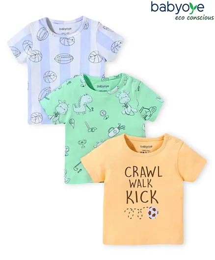 بيبي اوي قميص بأكمام نصفية وطبعة ديناصور - عبوة من 3 قطع بالألوان الأخضر والبرتقالي والأزرق ومصنوع من القطن الصديق للبيئة بنسبة 100% مع تشطيب إيكو جيفا